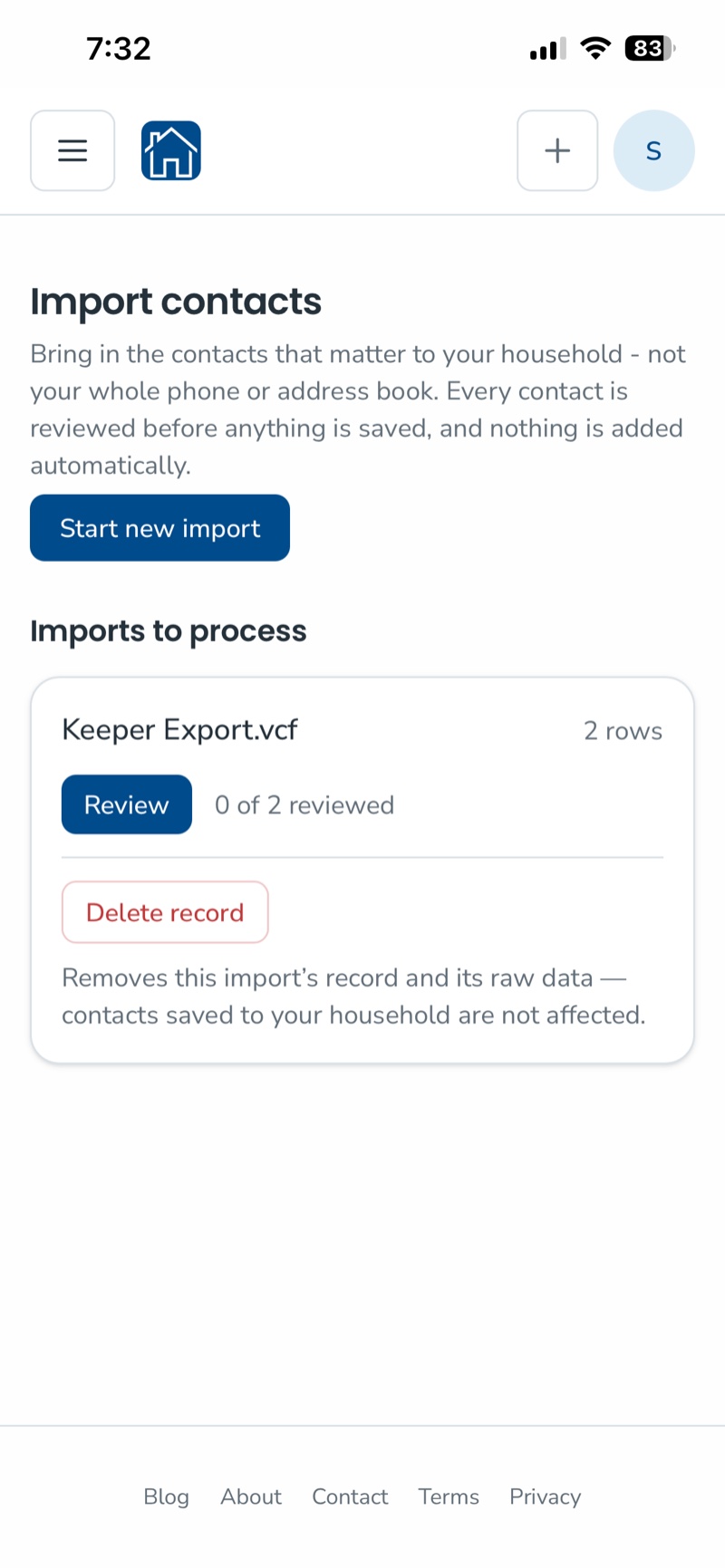The Import contacts page listing Keeper Export.vcf under Imports to process, with a Review button and 0 of 2 reviewed