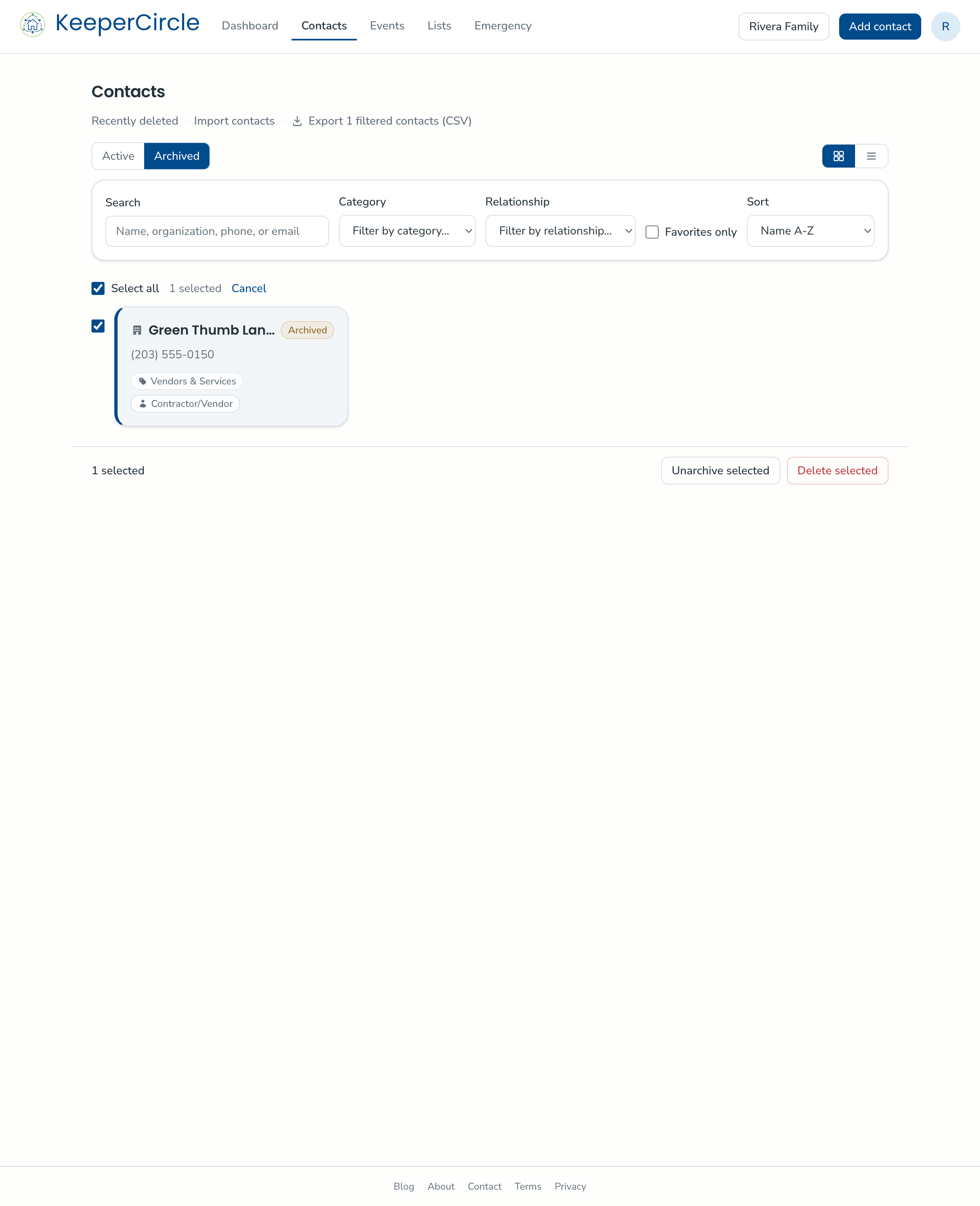 The archived contacts view with a contact selected, showing the action to restore it