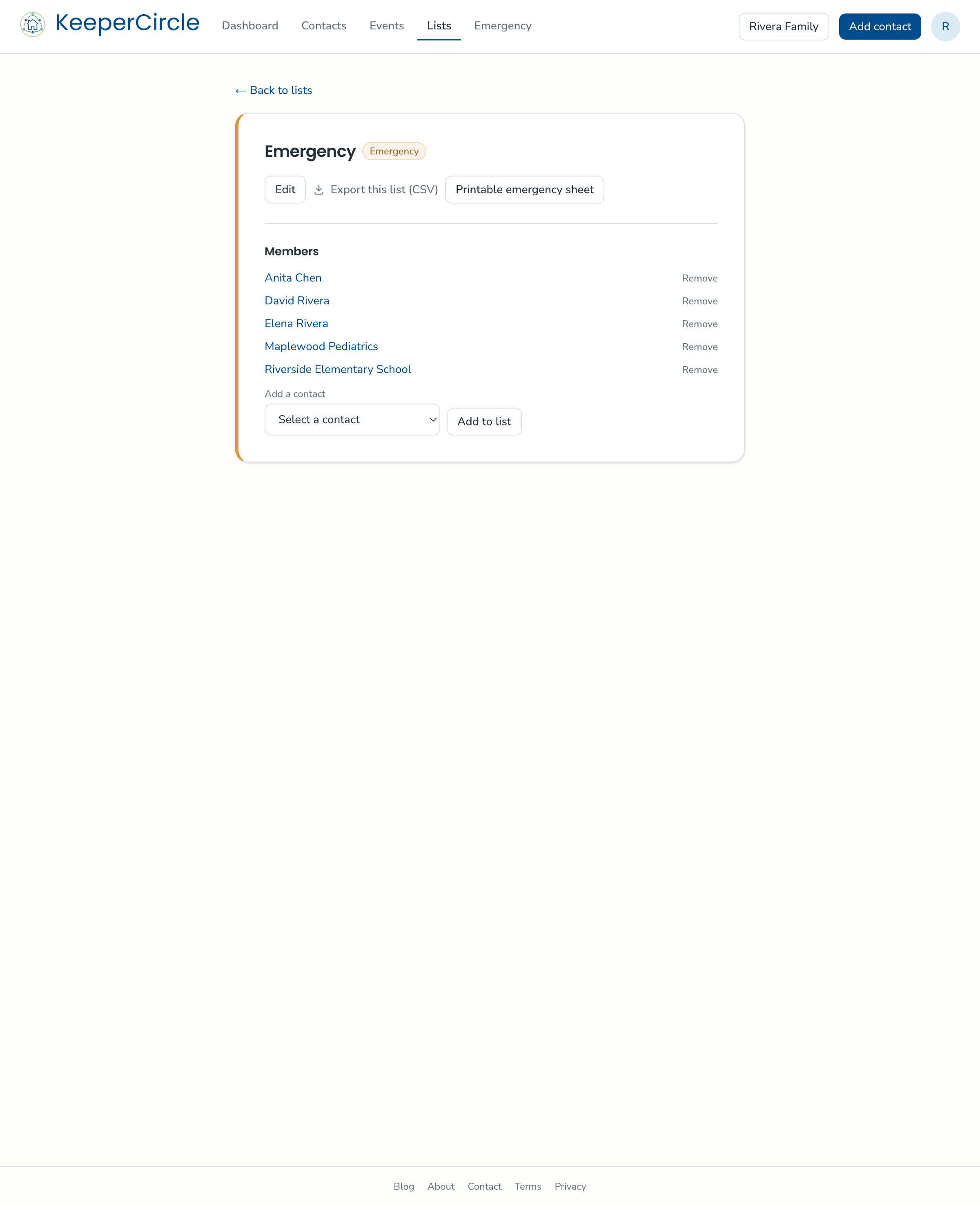 The Emergency list, where you add the contacts that belong on your emergency sheet