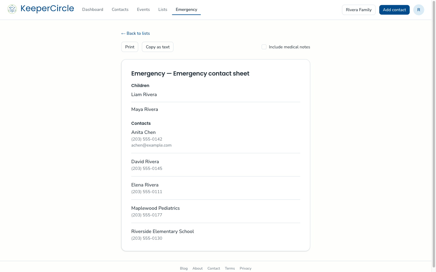 The printable emergency sheet, with your household's children at the top followed by everyone on the emergency list, and a switch to include medical details