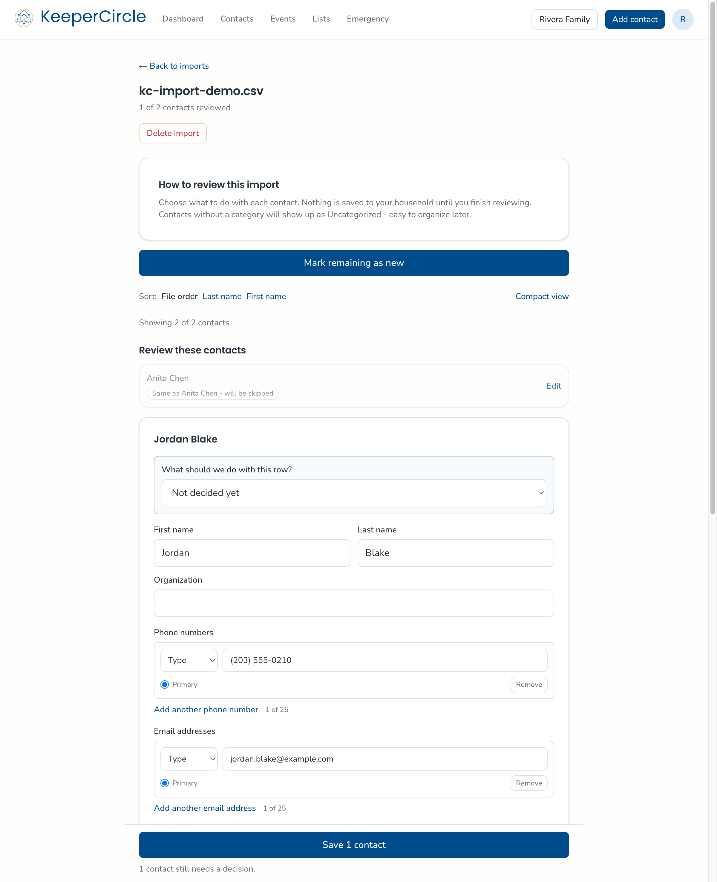 The import review screen, with a possible duplicate flagged to skip and controls to keep or discard each contact